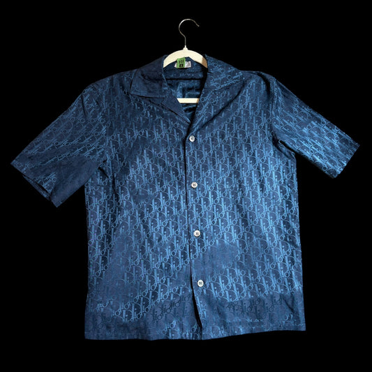 Dior Oblique Blue Silk Cotton Short Sleeve Buttonup Shirt 37
