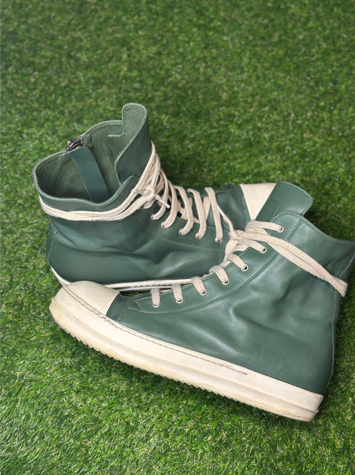 Size 13 - Rick Owens Green Leather High Sneakers