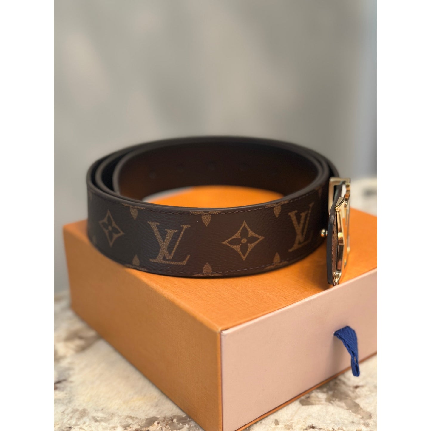 LV Pyramide Monogram Canvas Leather Gold LV Initials Belt