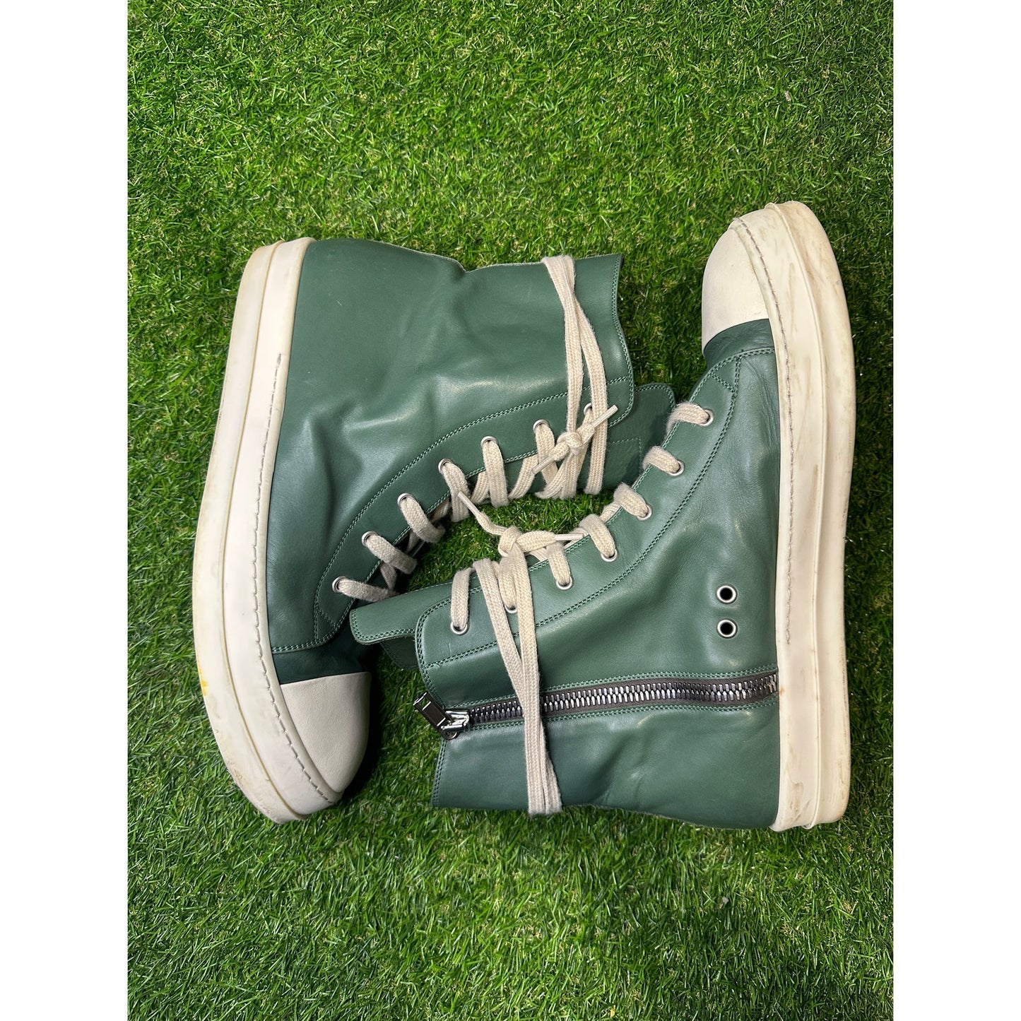 Size 13 - Rick Owens Green Leather High Sneakers