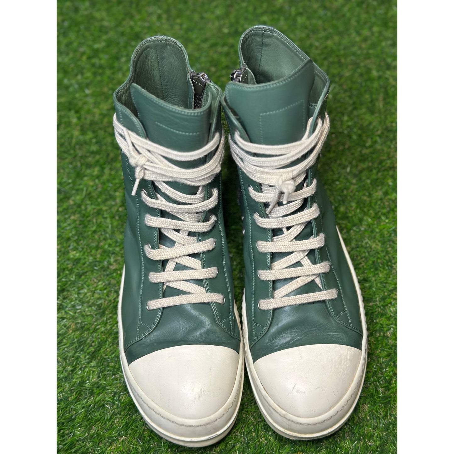 Size 13 - Rick Owens Green Leather High Sneakers