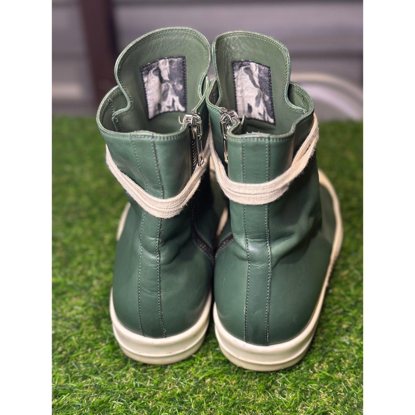 Size 13 - Rick Owens Green Leather High Sneakers