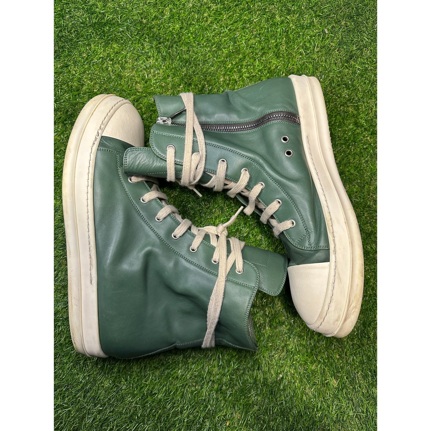 Size 13 - Rick Owens Green Leather High Sneakers