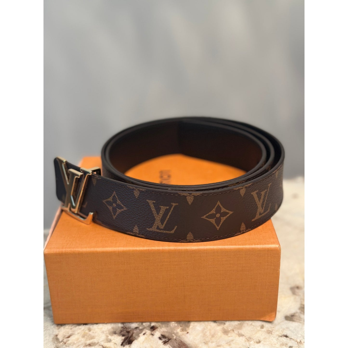 LV Pyramide Monogram Canvas Leather Gold LV Initials Belt